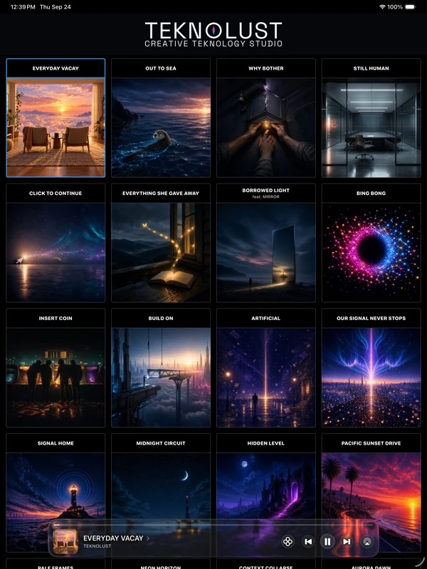 TEKNOLUST SIGNAL iPad beta: four-column artwork catalog with the persistent player.