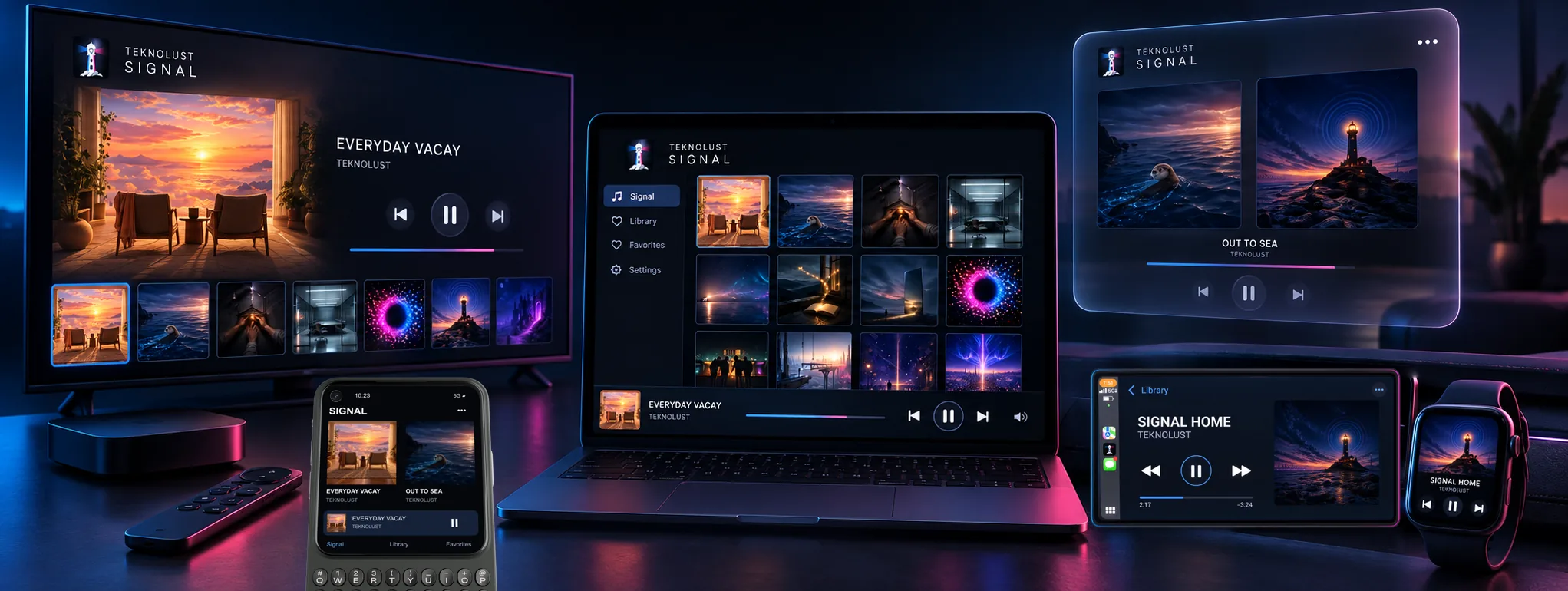 Illustrative concepts for future SIGNAL experiences: Mac library, spatial listening, TV browsing, watch playback, simplified CarPlay and keyboard-phone Android listening.